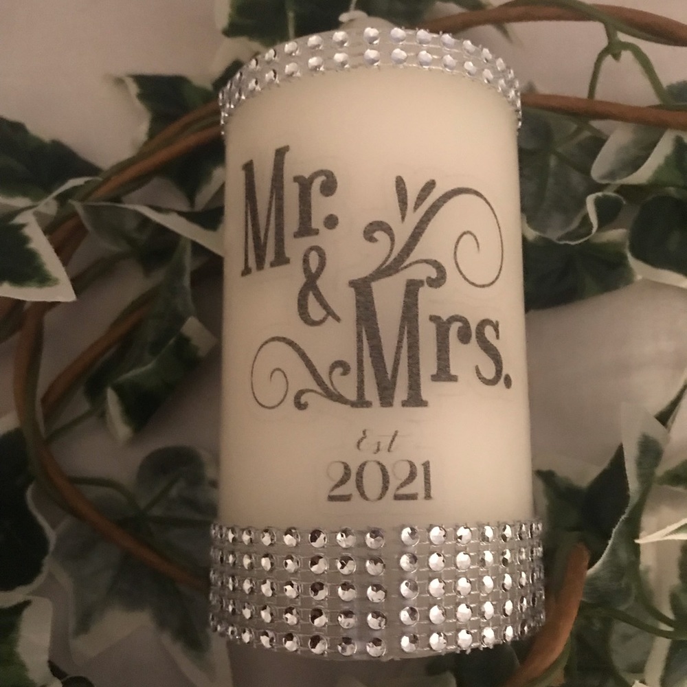 Personalized wedding themed candle.